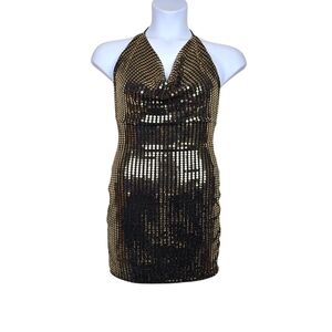 Forever 21 Womens Sleeveless Black Gold Sequin Halter Mini Dress Size M NWOT